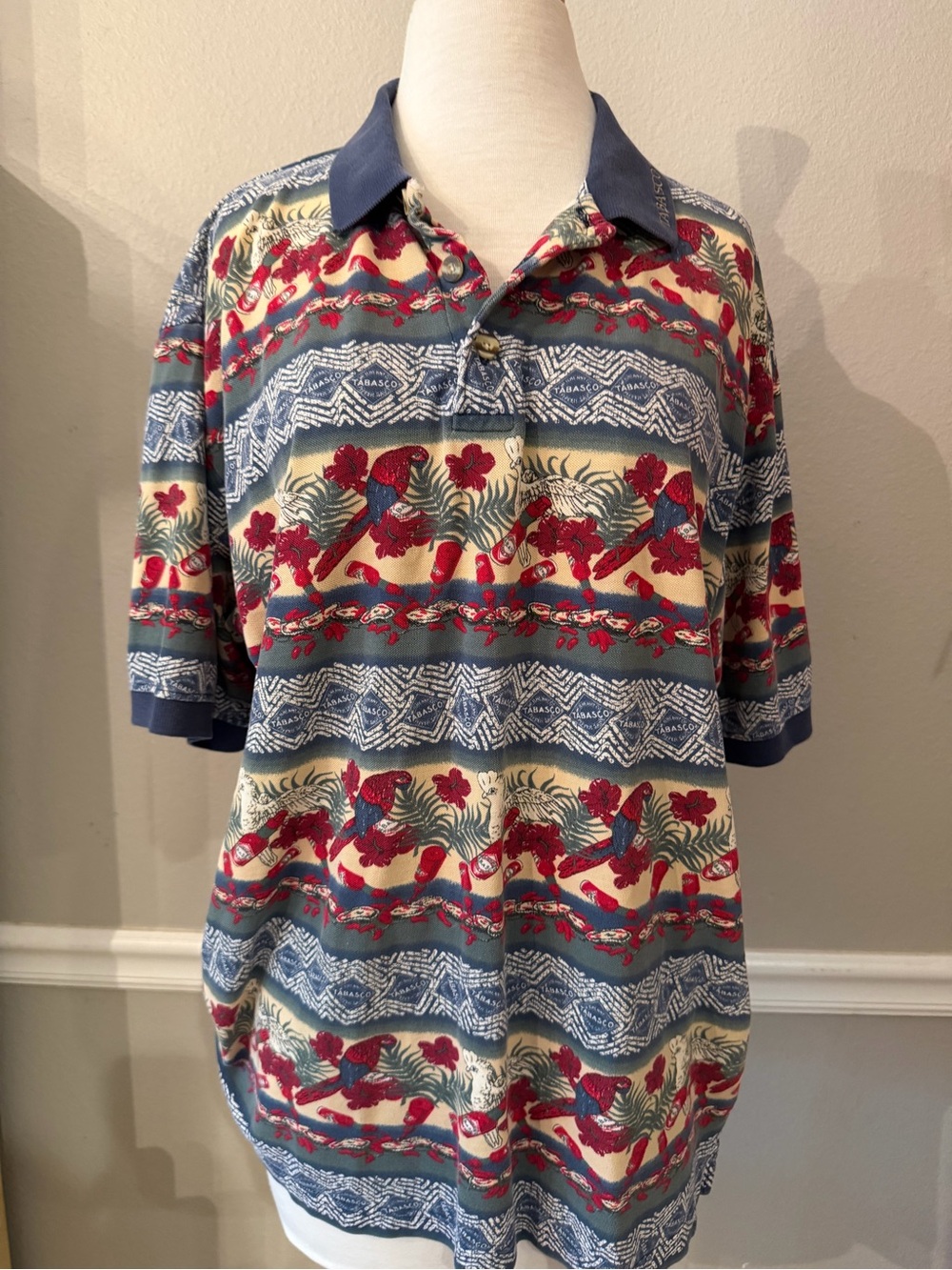 Vintage Tabasco Striped Polo in Navy, Red & Cream with Tropical Birds